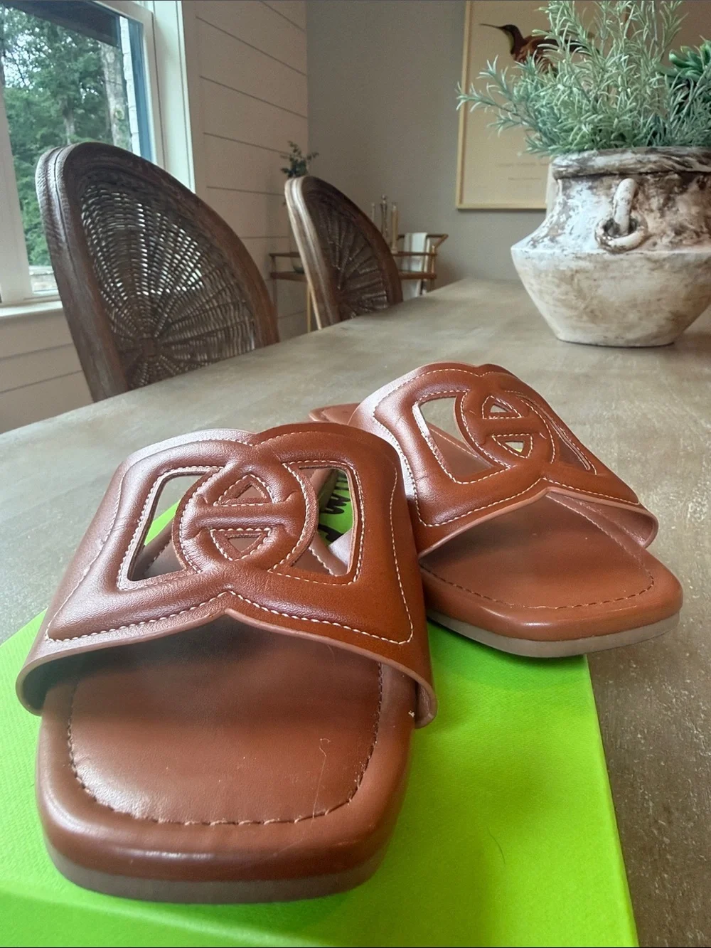 A New Day Cognac Slide Sandals with Decorative Cutout Strap